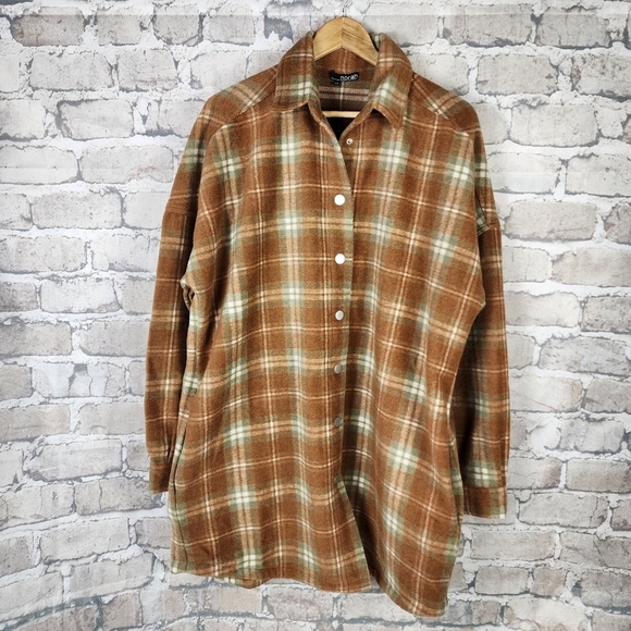 Norah Plaid Oversized Snap Front Shacket Wool Blend Pumpkin Sage Cream Size 44 - Picture 6 of 14